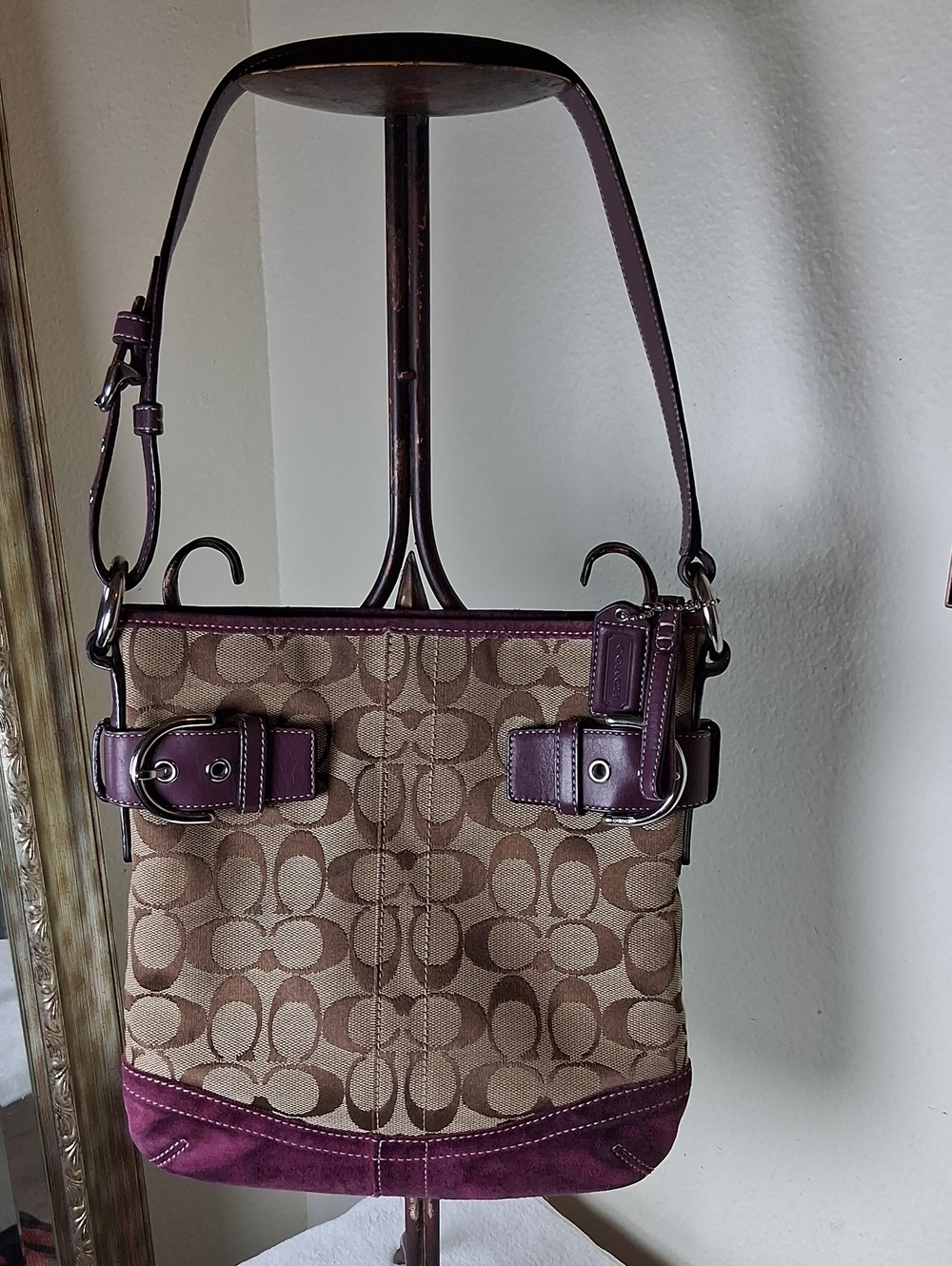 Coach Brown Signature Canvas Shoulder Bag with Plum Leather Trim